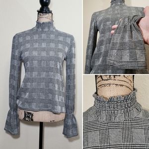 ZARA Trafaluc Gingham Bell Sleeve Mock Turtleneck